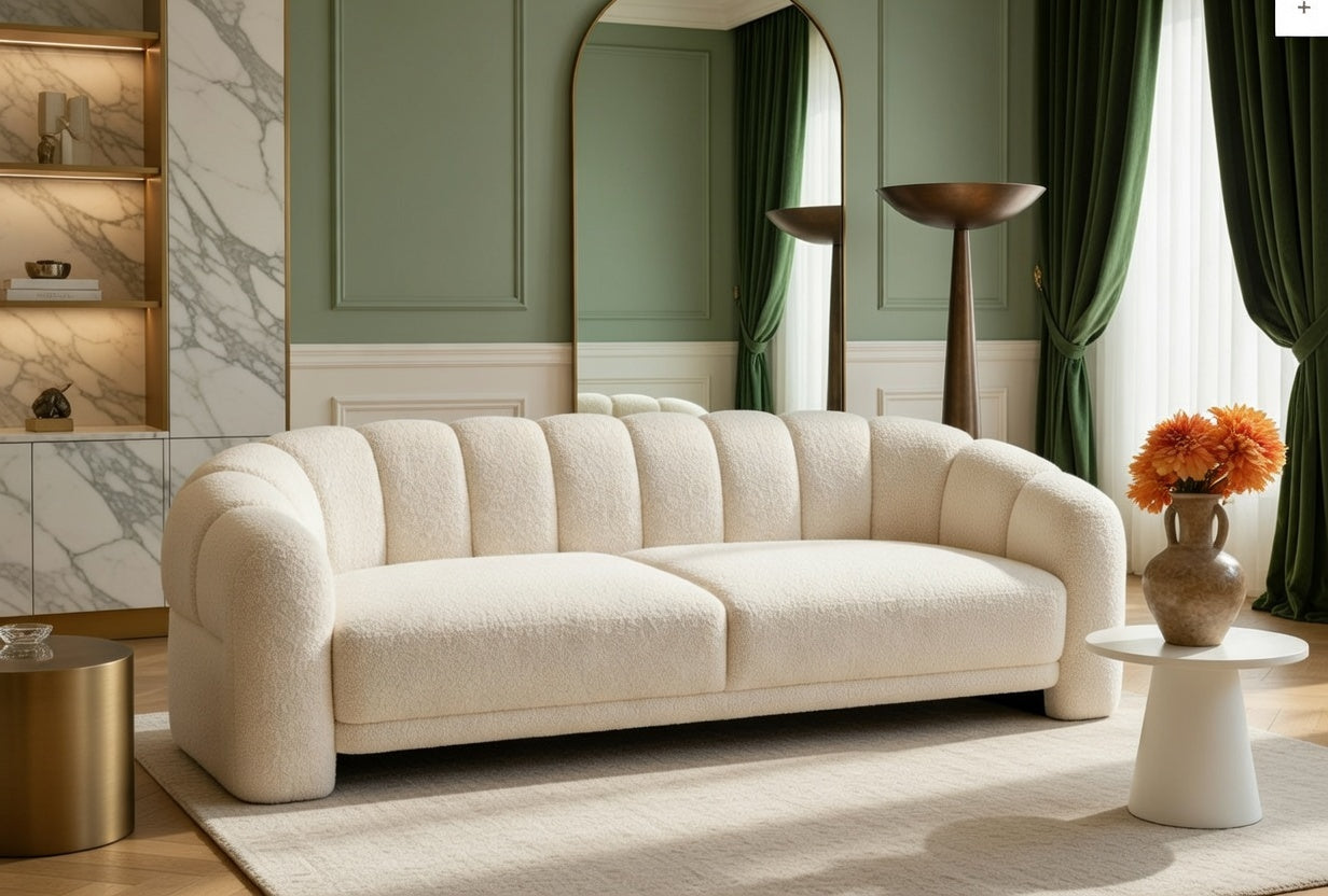 Modern cream white boucle 3-seater curved sofa with channel tufted design and rounded arms