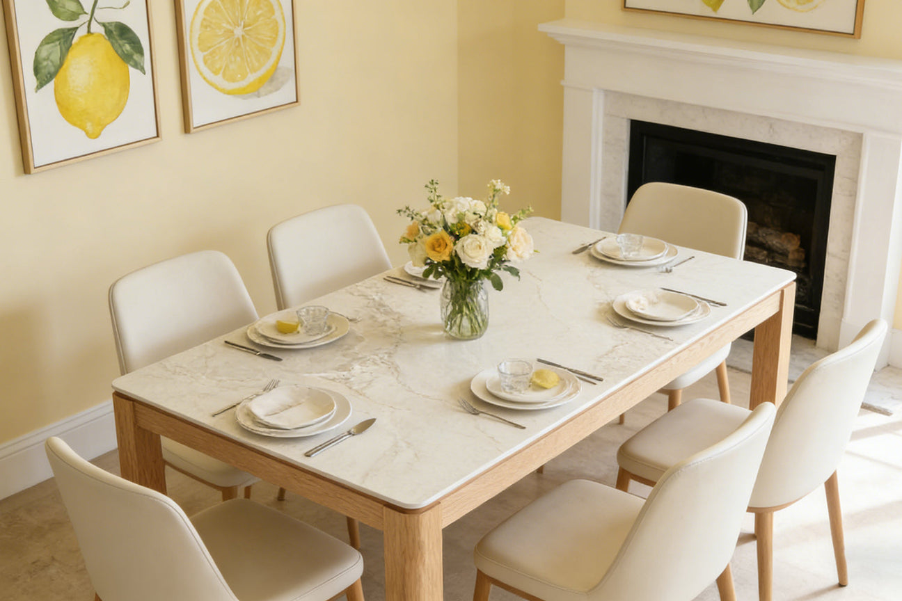 Sunlit dining area with lemon decor and set table