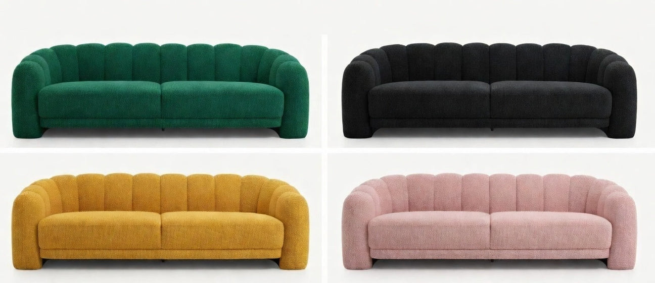 Modern sofa in four colors: emerald green, black, mustard yellow, and blush pink