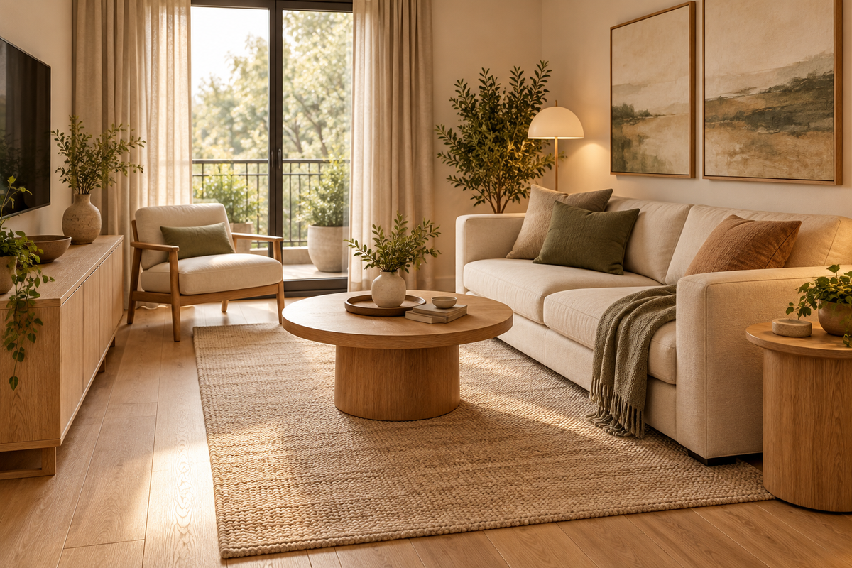 Illustration of a round coffee table and sofa arranged with a clear walking route.