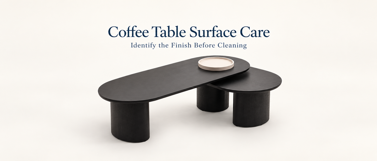 Adwin black Ashley coffee table with a pale tray beneath the text Coffee Table Surface Care.