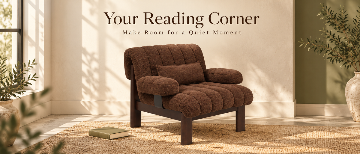 Adwin brown Coco armchair in a quiet alcove with the words Your Reading Corner.