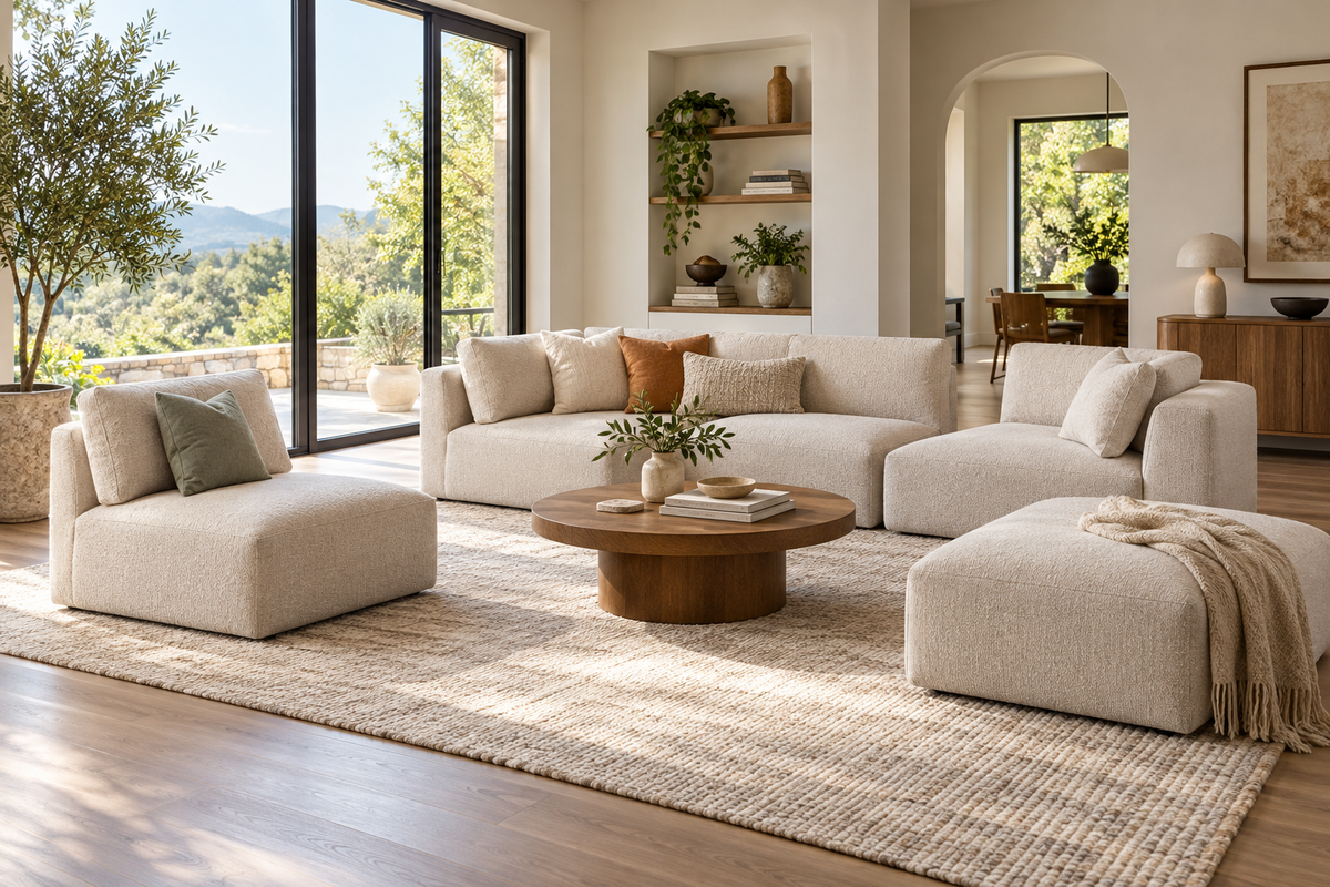 Illustration of separate sofa modules arranged in a living room with open walking space.
