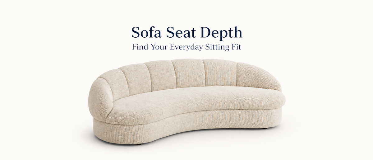 Adwin cream curved Candy sofa beneath the text Sofa Seat Depth and Find Your Everyday Sitting Fit.
