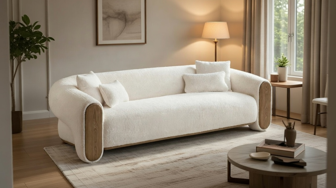 Modern 3-seater fabric sofa in a bright living room, offering comfortable and spacious seating ideal for family living