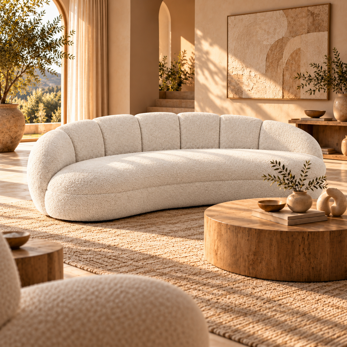 Modern Curved 3-Seater Fabric Sofa