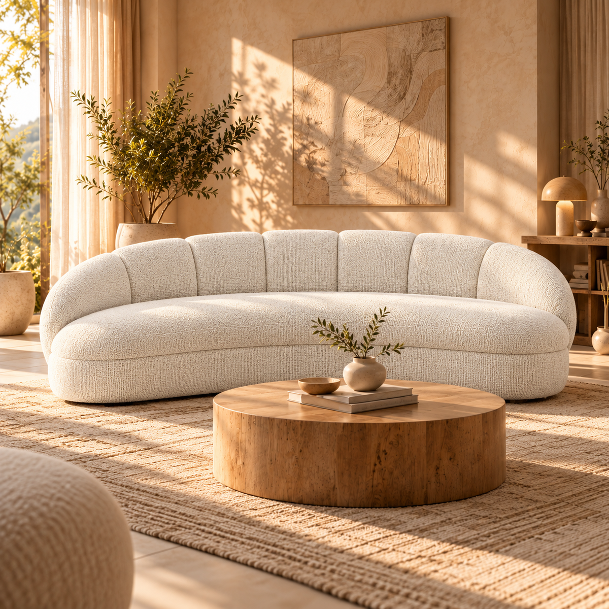 Modern Curved 3-Seater Fabric Sofa