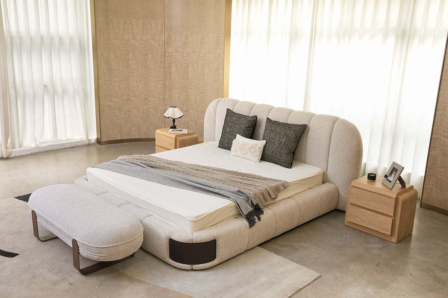 Elegant Bedroom Bed Chloe Bed showcasing low-profile cushioned frame, vertical tufting detail on headboard, and contrasting walnut wood panels for refined contrast