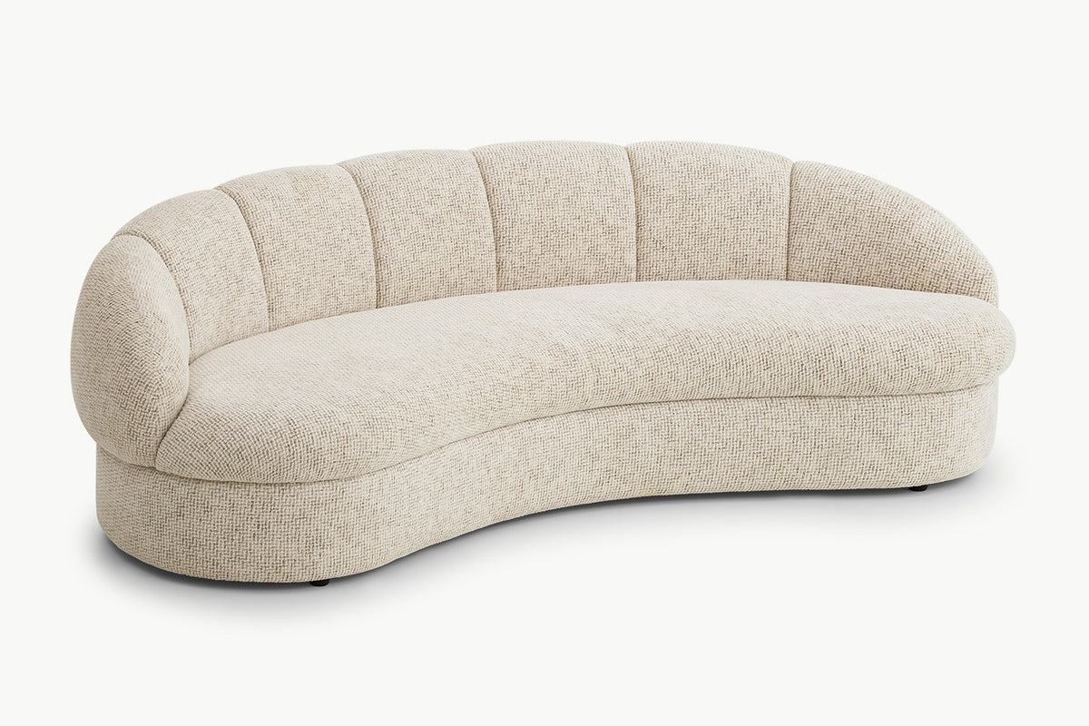 Candy 3-seater curved boucle sofa in neutral fabric with scalloped design for small apartments