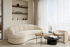 Candy 3-seater boucle curved sofa in minimalist small space with light walls and simple accents