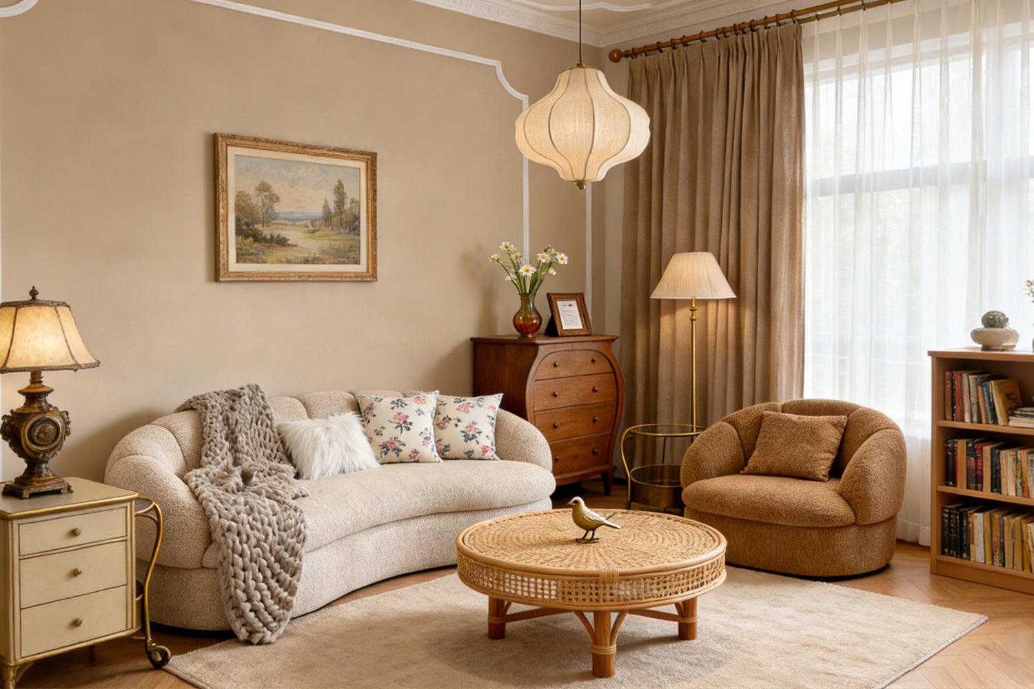 Neutral Candy 3-seater curved sofa styled in cozy small apartment living room with modern decor