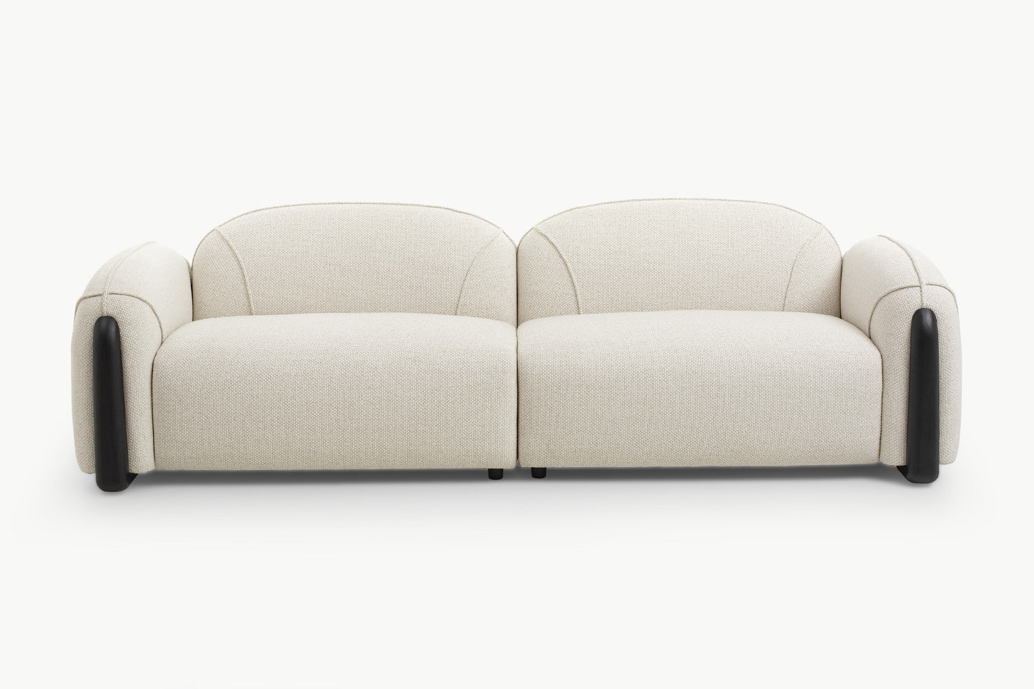 Front view of durable Chirs 3-seater boucle sofa in beige with black arm accents and curved design