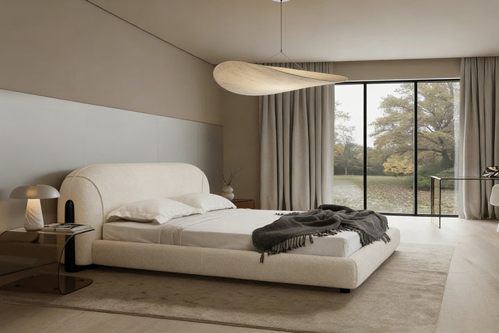 Apartment-Sized Bed for Modern Living at Adwin Chirs Bed showcasing streamlined silhouette with rounded headboard edges, durable black side supports, and plush cushioned base