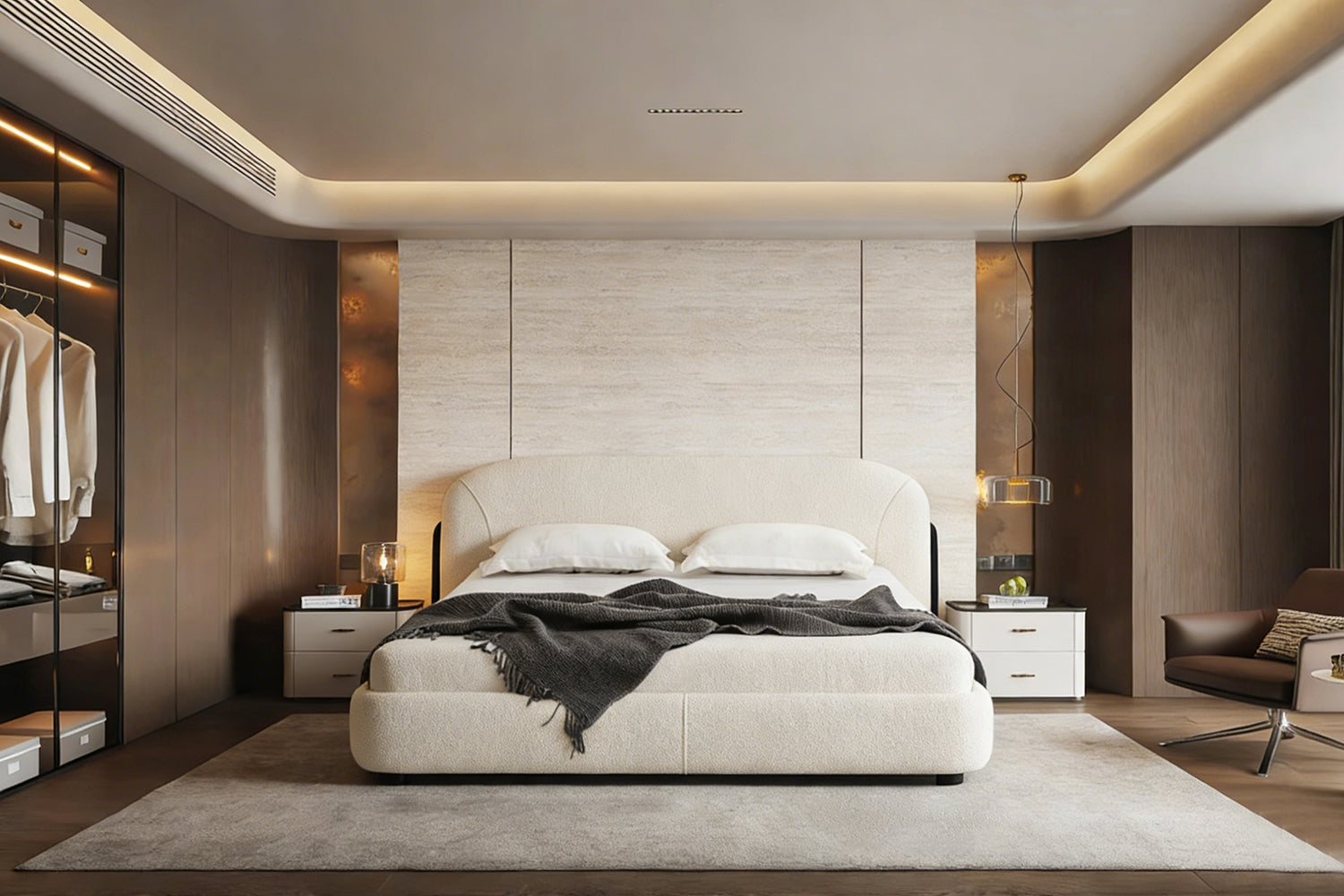 Close-up of Chirs Bed's sculptural curved headboard in premium beige textured fabric with subtle stitching and integrated black accents for refined elegance