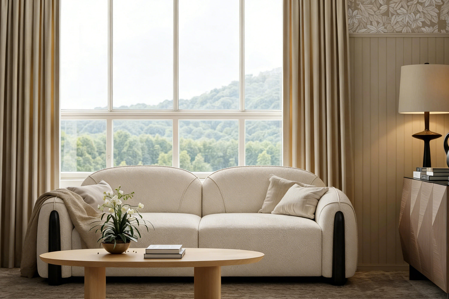 Beige boucle Chirs 3-seater Cozy Living Room Sofa in bright living room with large windows and mountain view