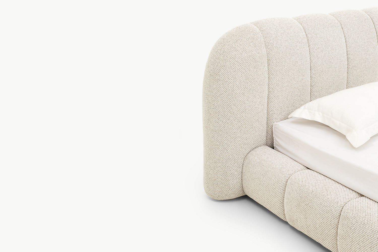 Chloe Bed featuring luxurious boucle-style beige fabric with visible weave texture, offering tactile softness and durable high-quality upholstery