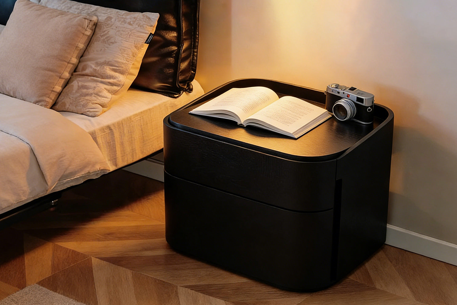 Chloe Night Stand – reliable durable indoor furniture for small spaces. The curved raised tray securely holds books and cameras while the compact size fits perfectly beside beds in smaller rooms.