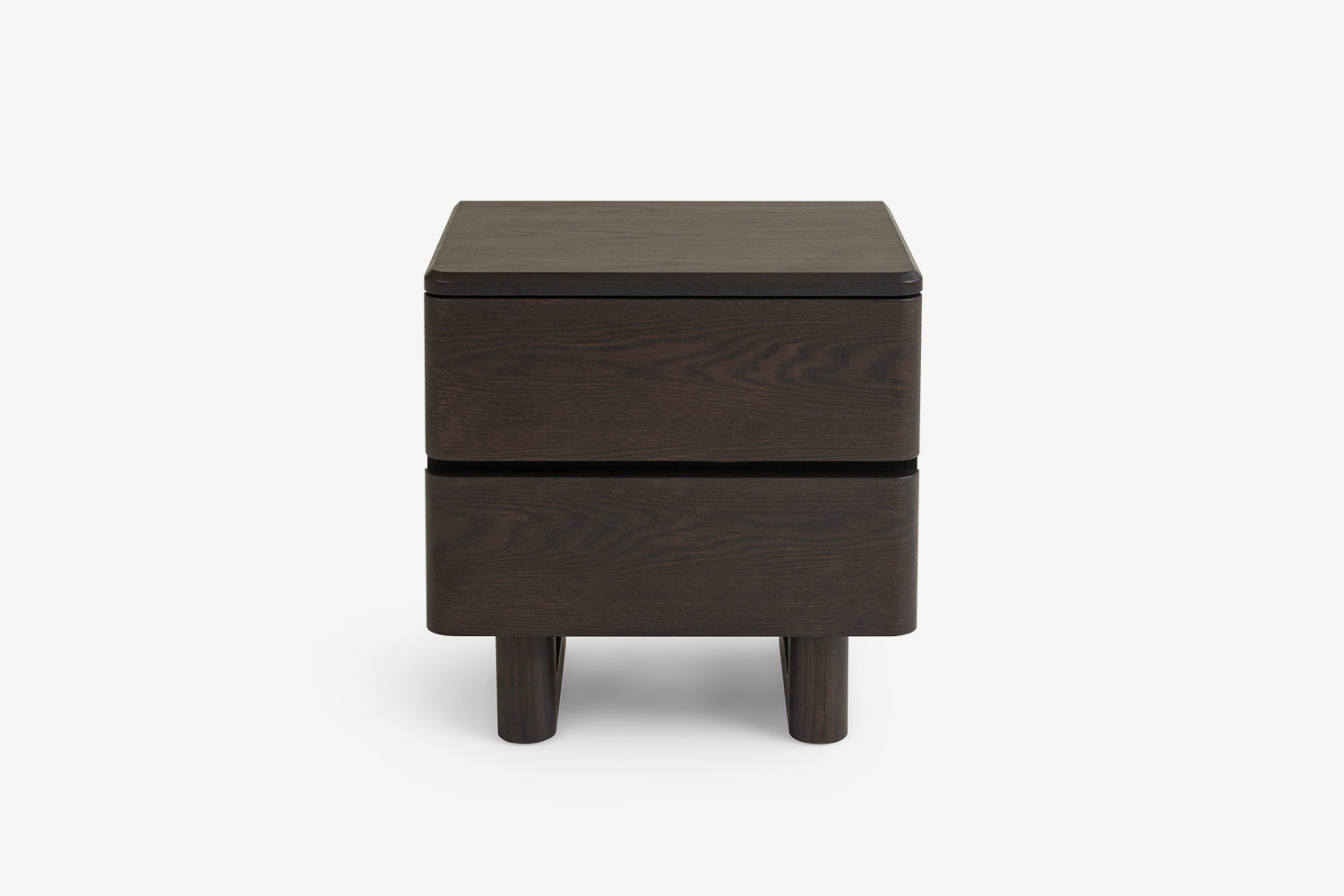 Nakas Chris kayu oak gelap modern dengan 2 laci dan kaki silinder dari kayu solid, tampak depan, desain minimalis