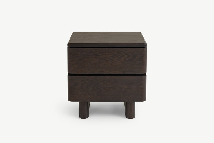 Nakas Chris kayu oak gelap modern dengan 2 laci dan kaki silinder dari kayu solid, tampak depan, desain minimalis