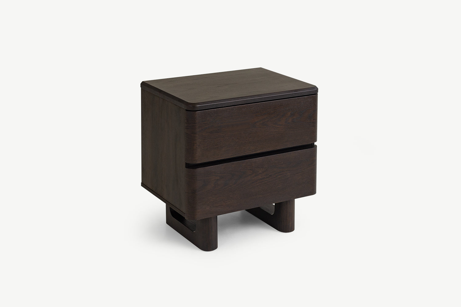 Nakas Chris Kayu Oak Gelap Kontemporer – 2 Laci Soft-Close, Alas Tersembunyi, Kaki Kayu, Premium Modern