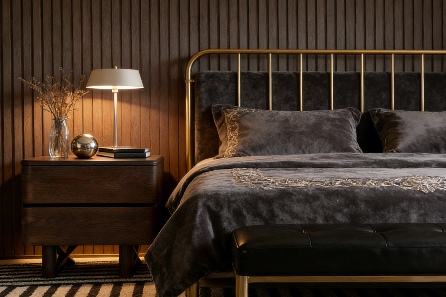 Nakas Chris kayu oak gelap di samping ranjang rangka logam emas, dipadukan dengan sprei velvet mewah dan dinding aksen kayu—gaya kamar tidur modern mewah