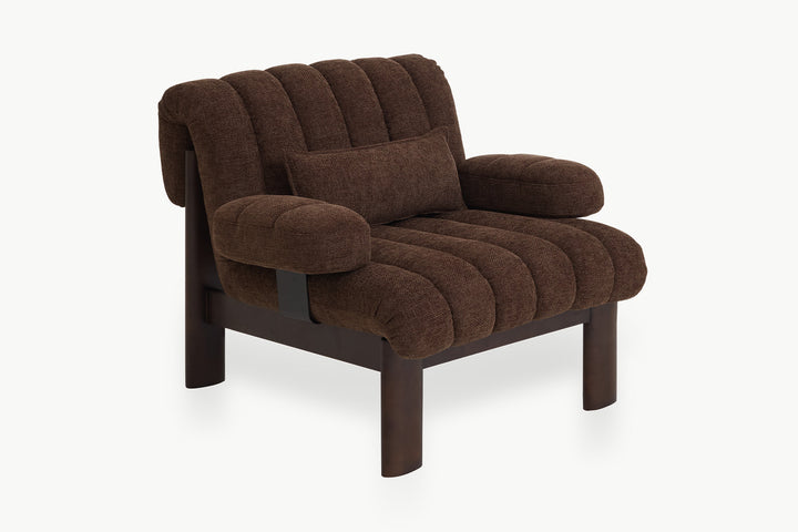 Coco Armchair cozy armchair in rich chocolate boucle, deep channel tufted back, plush padded arms, modern comfort