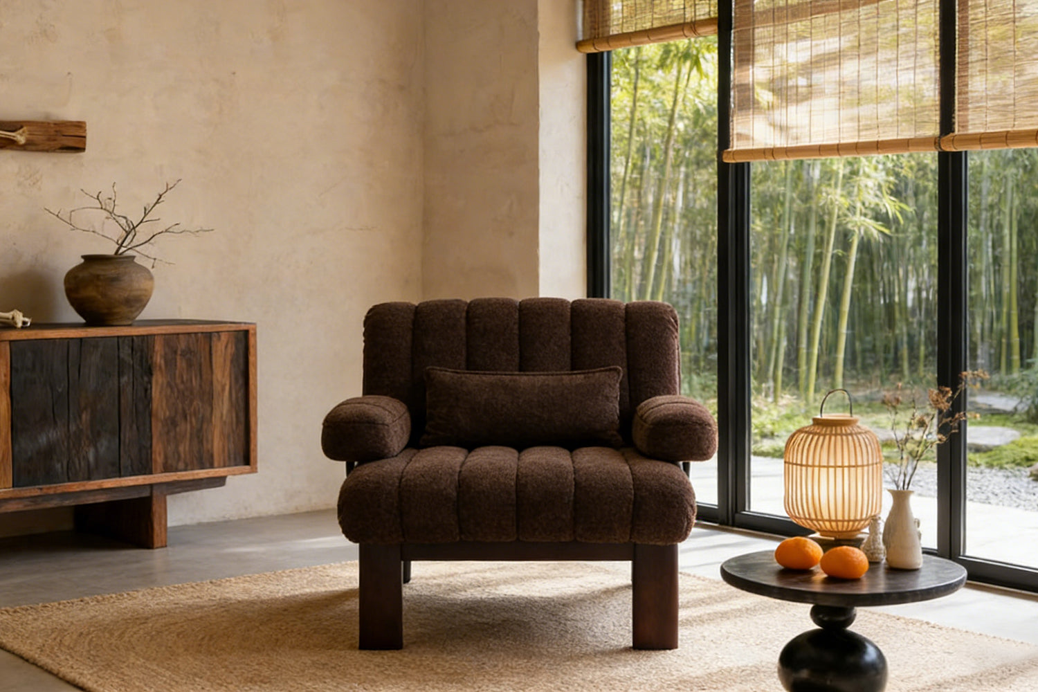 Sculptural side profile of Coco Armchair, retro-modern channel lines, solid wood frame, inviting curved silhouette