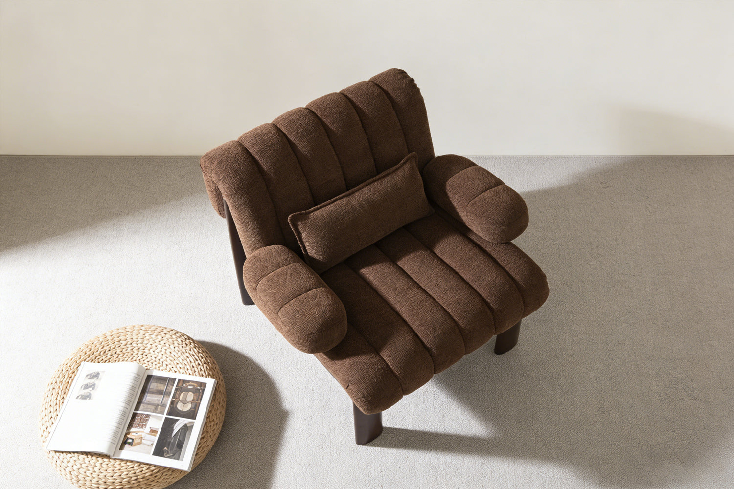 Coco Armchair cozy armchair from angled back, rich boucle texture glows in daylight, ultimate cozy retreat chair