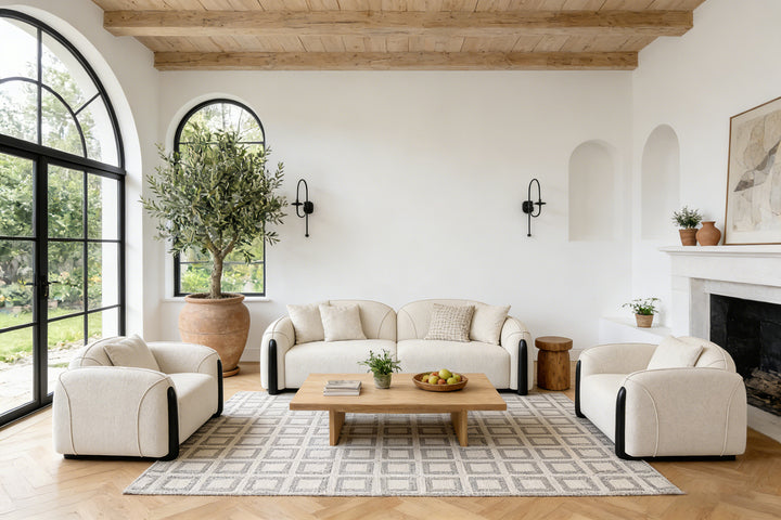 Durable Home Furniture Chirs 3-seater sofa in living room with arched windows and olive tree