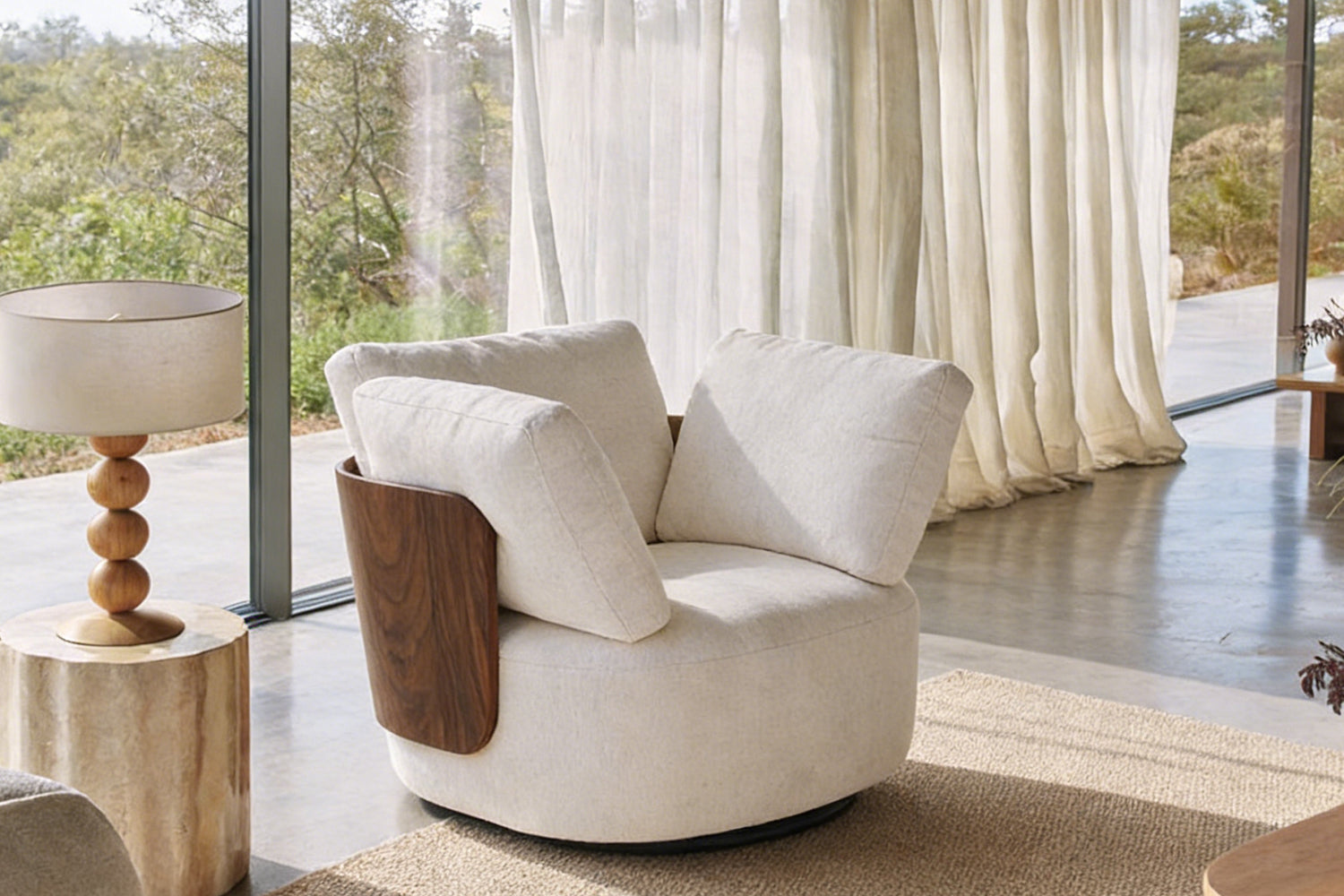 Cozy rounded Elizabeth Leisure Chair with breathable linen-like upholstery, sculpted wooden arms, and smooth swivel mechanism