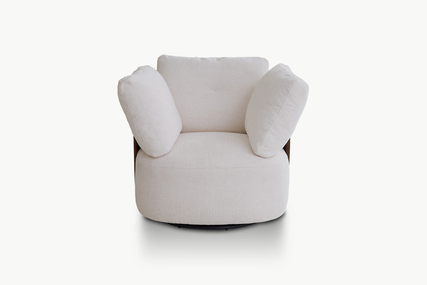Rear view of modern swivel accent chair showing elegant walnut wood curved armrests and thick padded back pillows in neutral cream tone