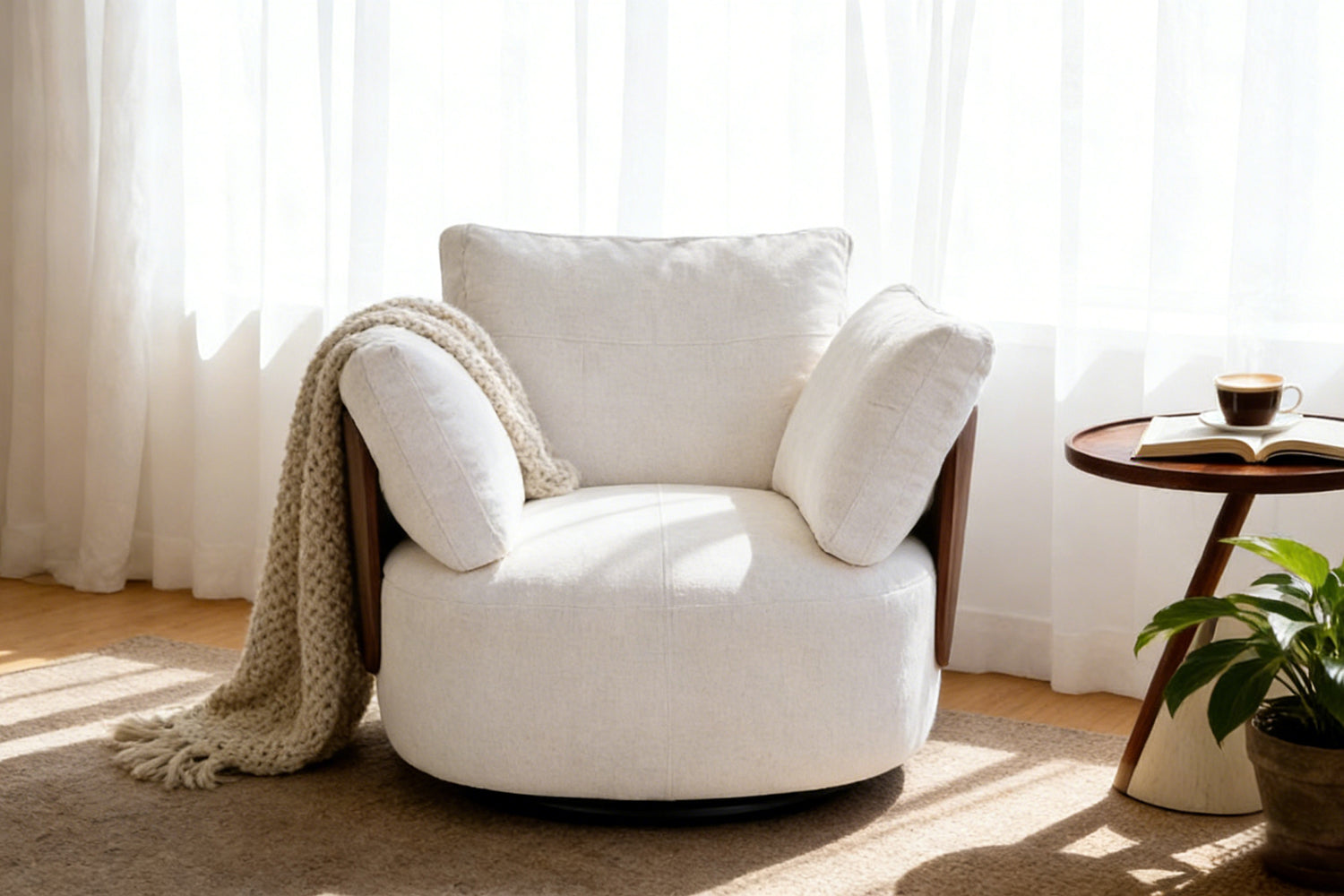 Practical Leisure Chair featuring curved walnut wood side panels and generous pillow backrest for comfortable lounging support