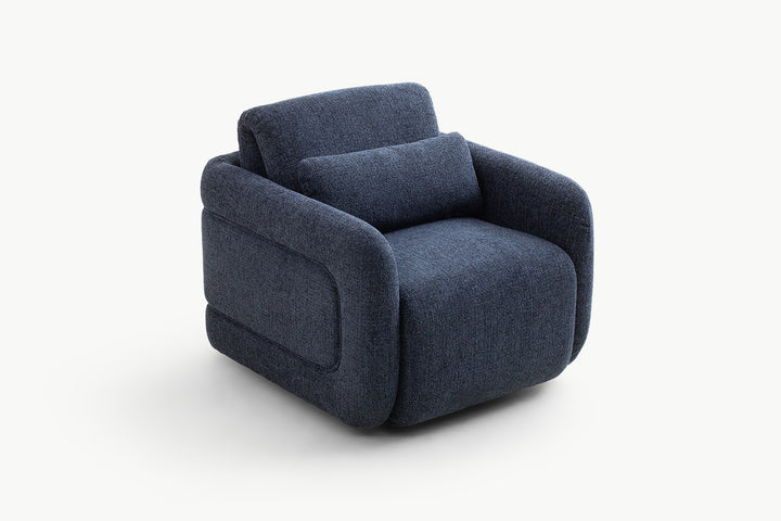 Modern navy blue Emily Leisure Chair with plush rounded design and attached lumbar pillow for cozy seating