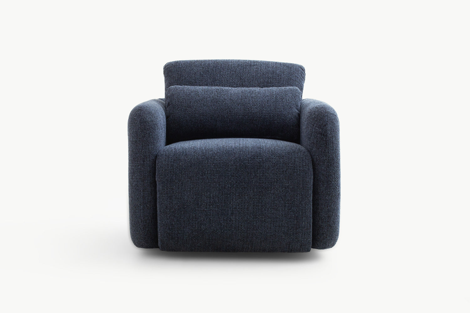 Close-up front view of the Emily Leisure Chair in rich navy textured fabric, featuring a supportive backrest and plush cushioning