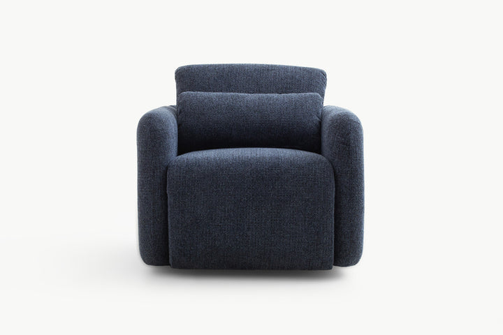 Close-up front view of the Emily Leisure Chair in rich navy textured fabric, featuring a supportive backrest and plush cushioning