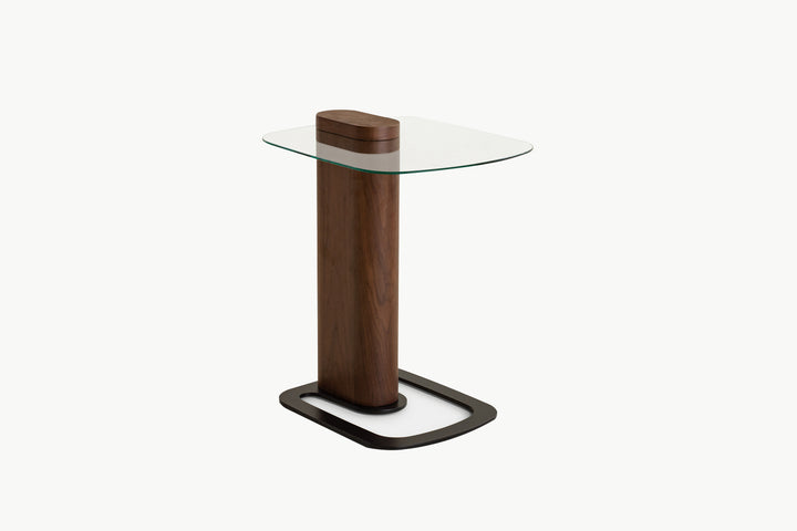 Modern walnut side table with clear glass top Michael design