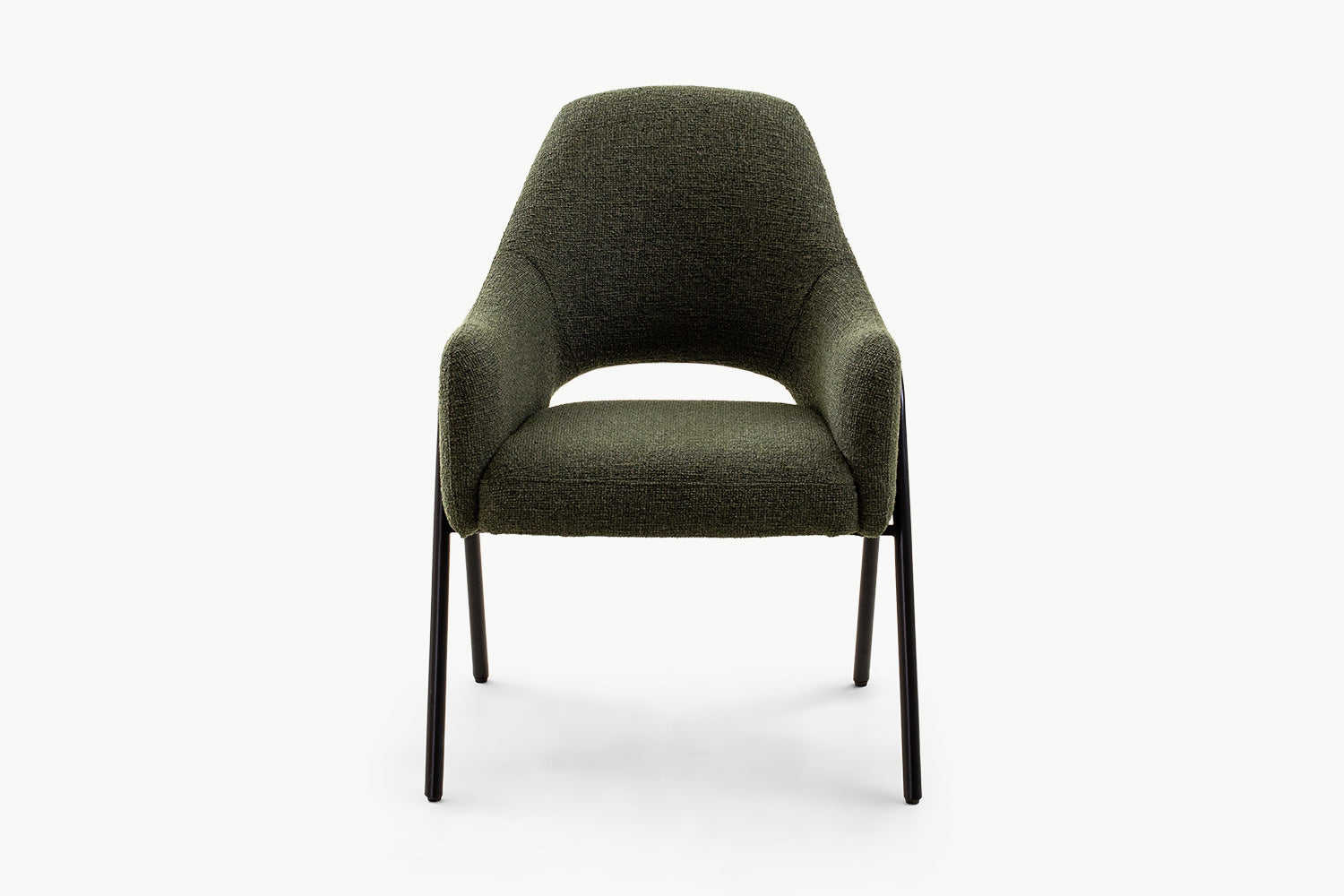 Sleek olive dining chair in textured boucle fabric with contoured back, padded seat, and black metal legs, delivering modern elegance and timeless style.