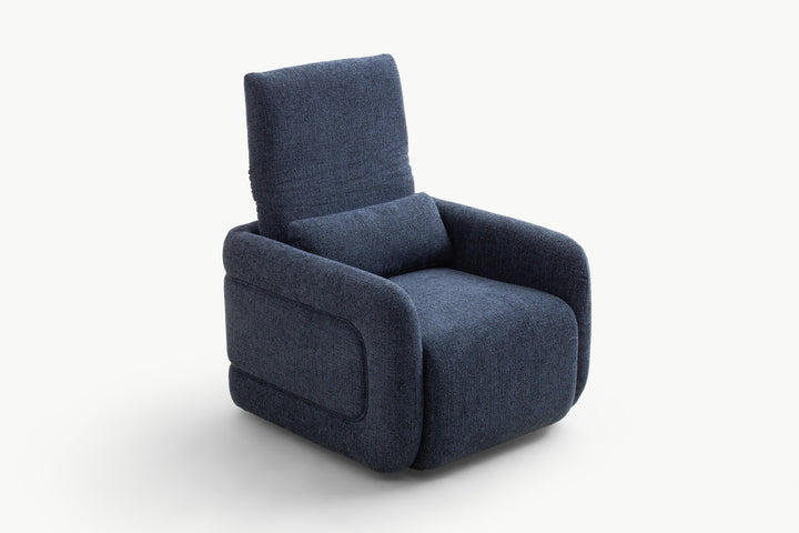 Side view of the navy blue armchair with reclined back support and integrated pillow, showcasing its ergonomic comfort and modern curves