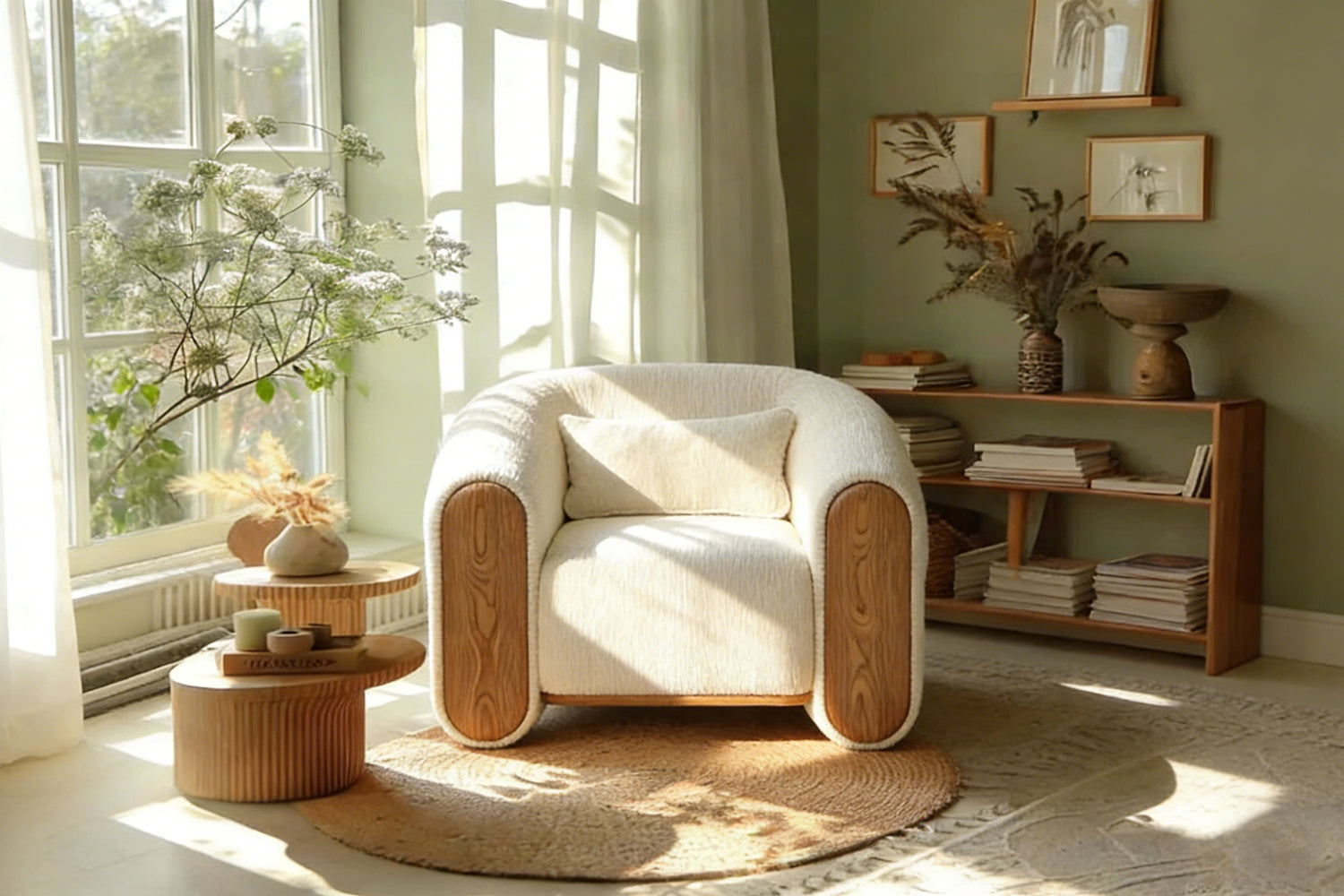 Sofa Ruth boucle lembut 1 tempat duduk digayakan dengan rak hijau, buku, dan hiasan pampas