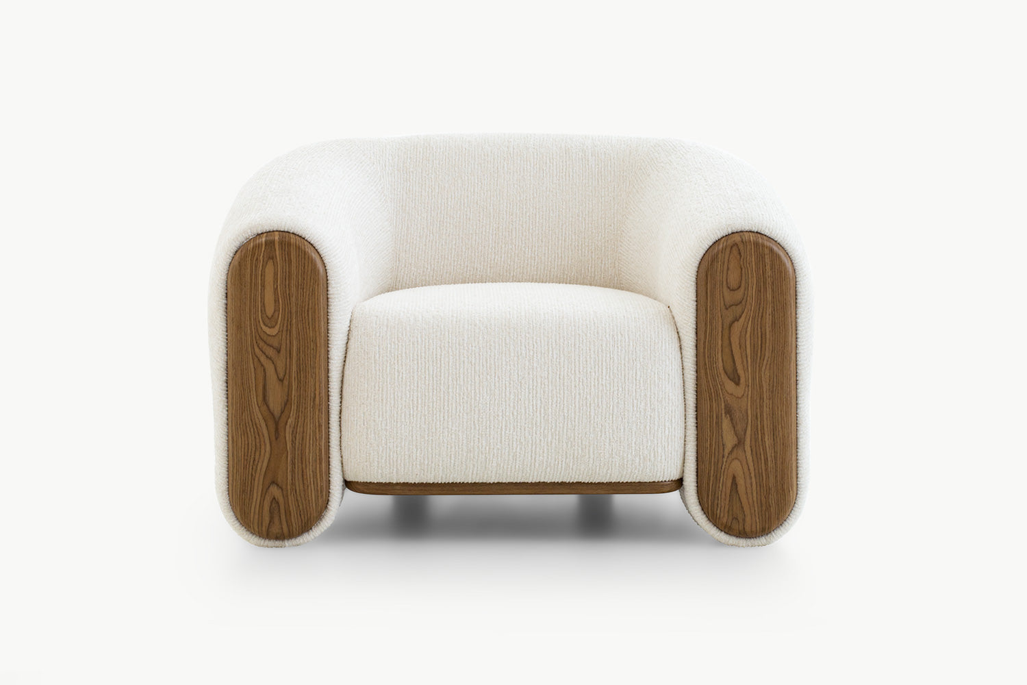 Profil sisi Sofa Ruth 1-tempat duduk, lengan kayu walnut, tekstur boucle lembut, tapak rendah
