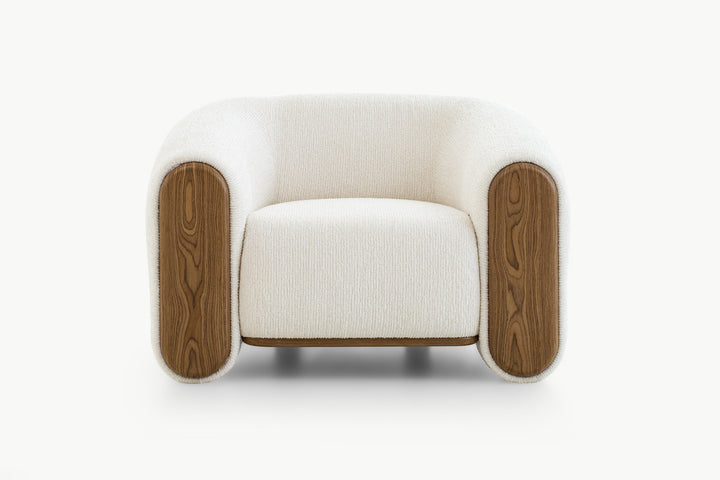 Profil sisi Sofa Ruth 1-tempat duduk, lengan kayu walnut, tekstur boucle lembut, tapak rendah