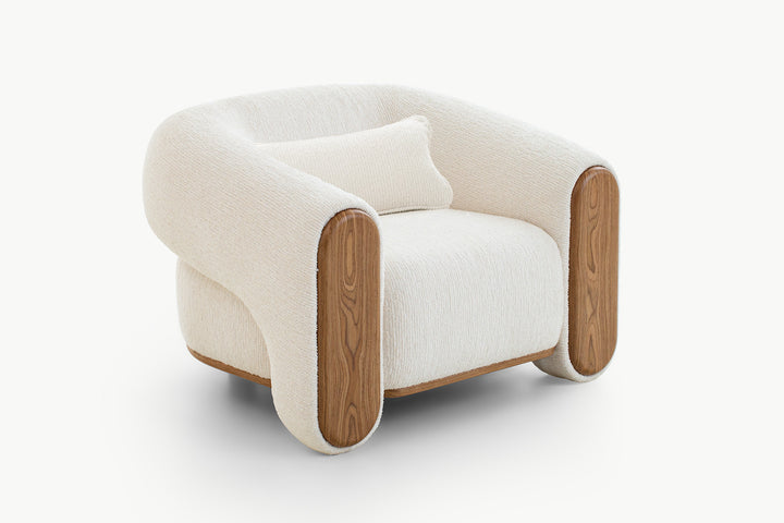 Sofa Ruth (Sofa 1 Tempat Duduk) sofa fabrik lembut dalam fabrik boucle krim, reka bentuk keselesaan melengkung mewah