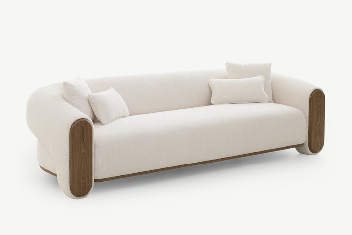 Ruth 3-seater family-friendly sofa in beige boucle, living room seating furniture with wood arms