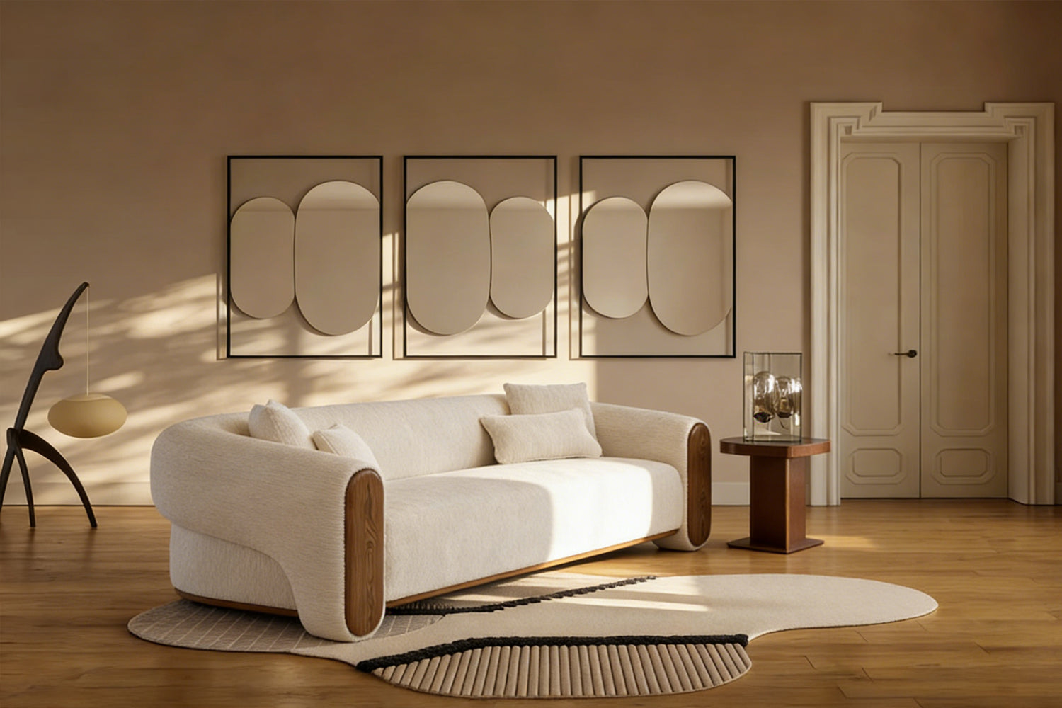 Ruth 3-seater family-friendly sofa styled as living room seating furniture with abstract art