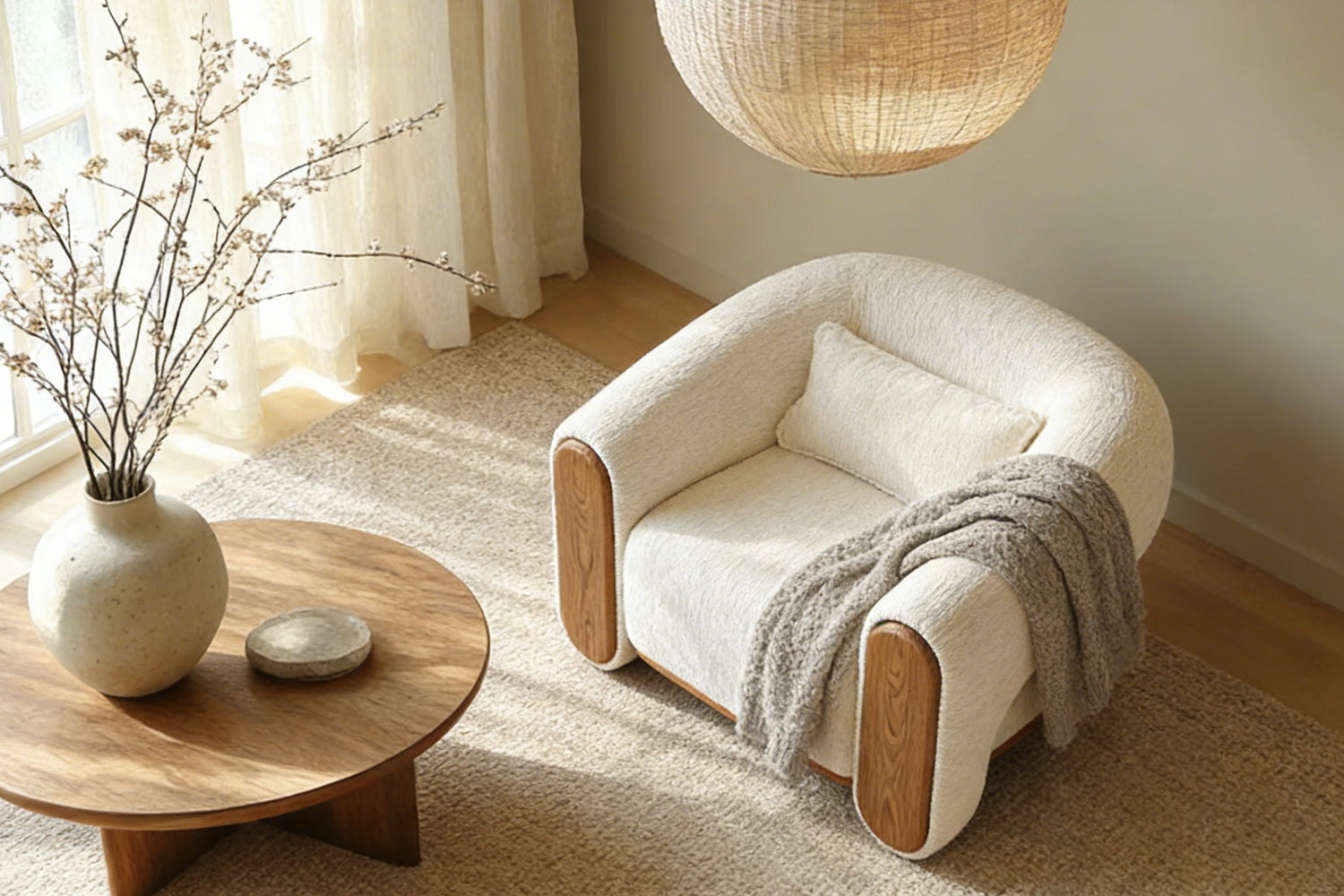 Sofa Ruth fabrik lembut sofa 1 tempat duduk, kerusi berlengan boucle selesa dengan selimut di bilik terang
