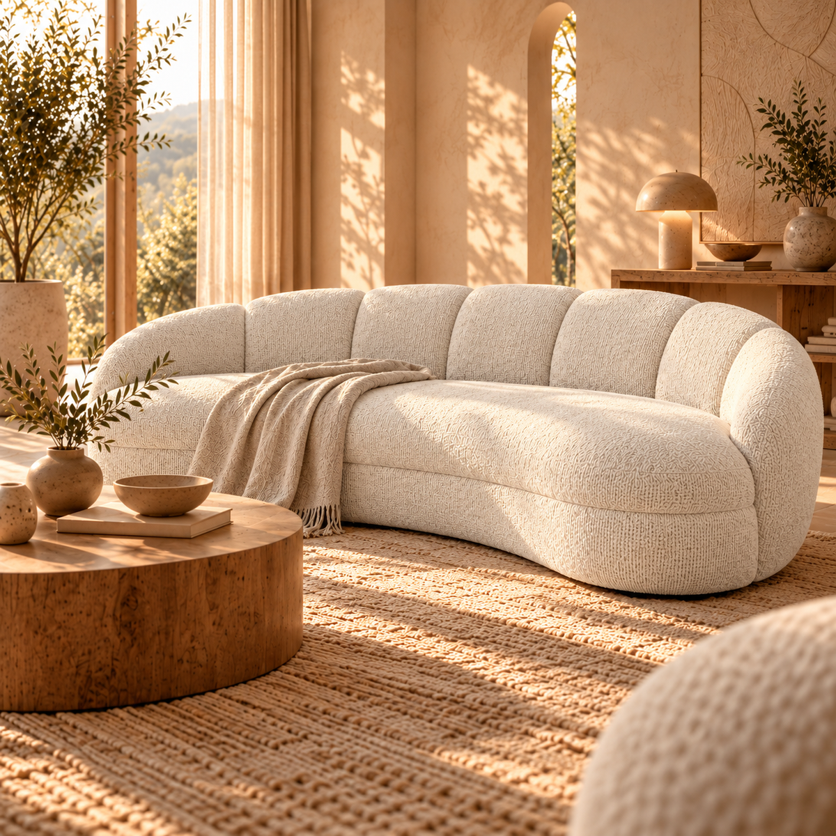 Modern Curved 3-Seater Fabric Sofa