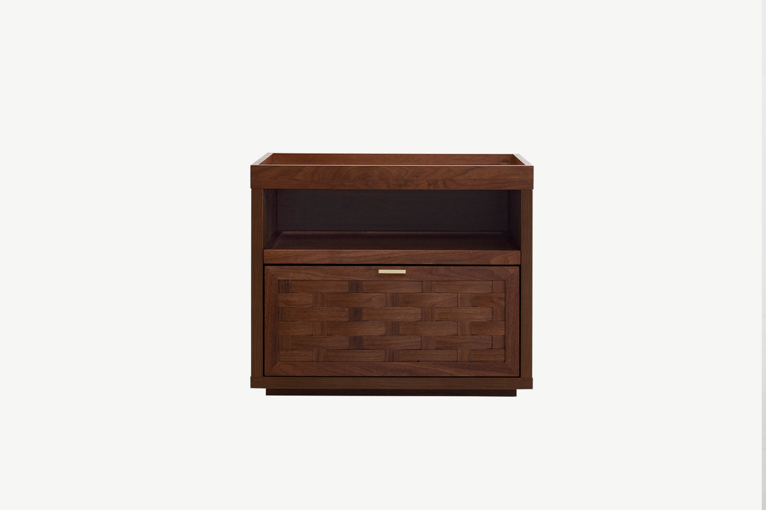 Nakas Kobe finishing walnut solid dengan detail laci anyaman tangan dan rak terbuka luas, desain minimalis yang clean